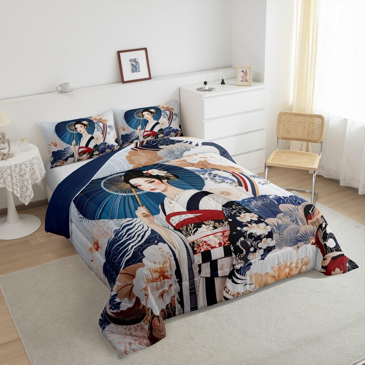 jejeloiu Japan Geisha Comforter Set Queen Size Kids Flower Floral Pattern Bedding Set for Boys Girls Teens Japanese Ocean Wave Style Duvet Quilt Room Decor