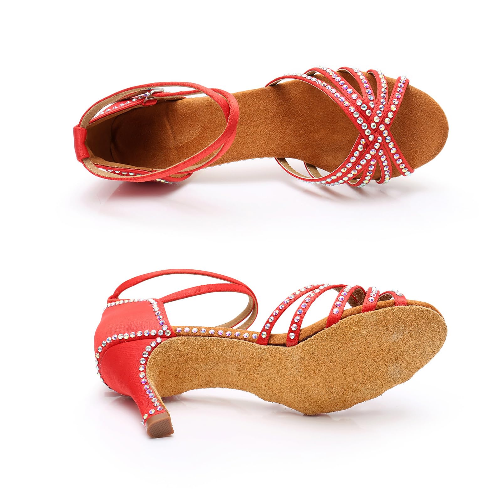 Nowe buty do tańca latynoskiego z diamentową wkładką dla kobiet dorosłych na środkowym obcasie miękka podeszwa buty do tańca wysokie obcasy z diamentowymi butami do tańca Cha-cha, A436 czerwony obcas