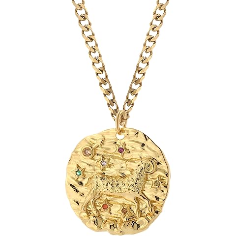 14K Yellow Gold Zodiac Necklaces For Women 12 Zodiac Constellation Necklace Amulet Vintage Coin Woman's Pendant, Saturn Necklace, Gemini Aries Pisces Virgo Scorpio Zebra Necklace