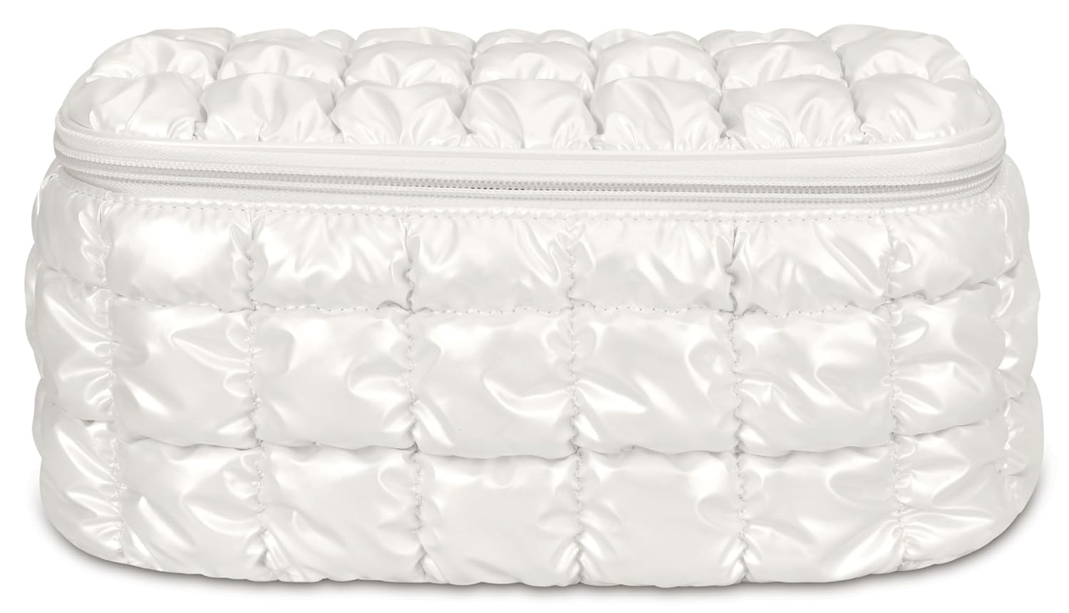 iscream Zippered, Fully Lined 10.5" x 4.75" Train Case Style Puffy Quilted Cosmetic Travel Bag - Pearl White