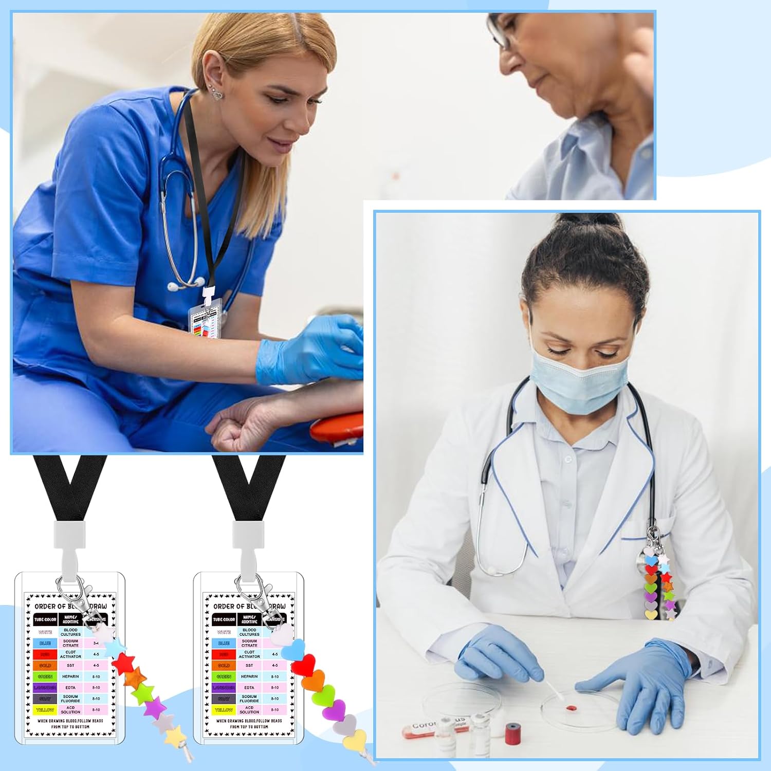 24 Pcs Order of Draw Beads with Reference Card Nurse Accessories Set Phlebotomy Essentials Badge Housekeeping Appreciation Badge with Lanyard for Nurse Student Practitioner Graduation Gift
