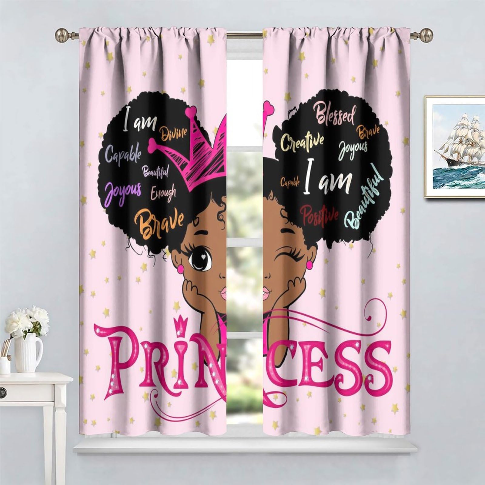 YCness African American Kids Curtains,Afro Black Girl Window Treatments for Bedroom Cute Girl Big Hair Pink Curtains 2 Panel Sets,42x45 Inch - Image 4