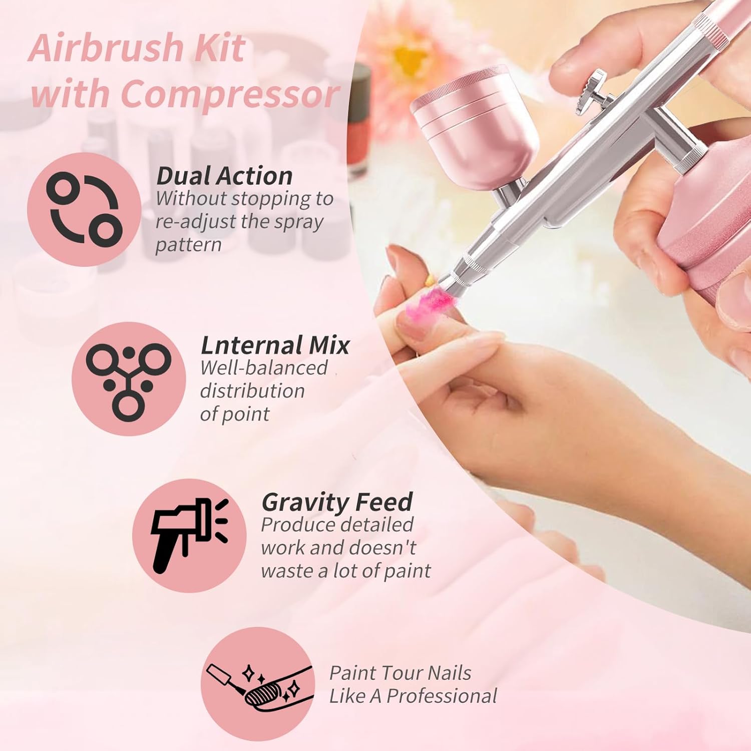 Airbrush Kit with Air Compressor, Cordless Rechargeable with 0.3mm Nozzle and Cleaning Brush,3 High-Pressure Modes Handheld Spray Machine for Painting, Cake Decor, Pastry, Makeup, Nail Art (Pink) - Image 5