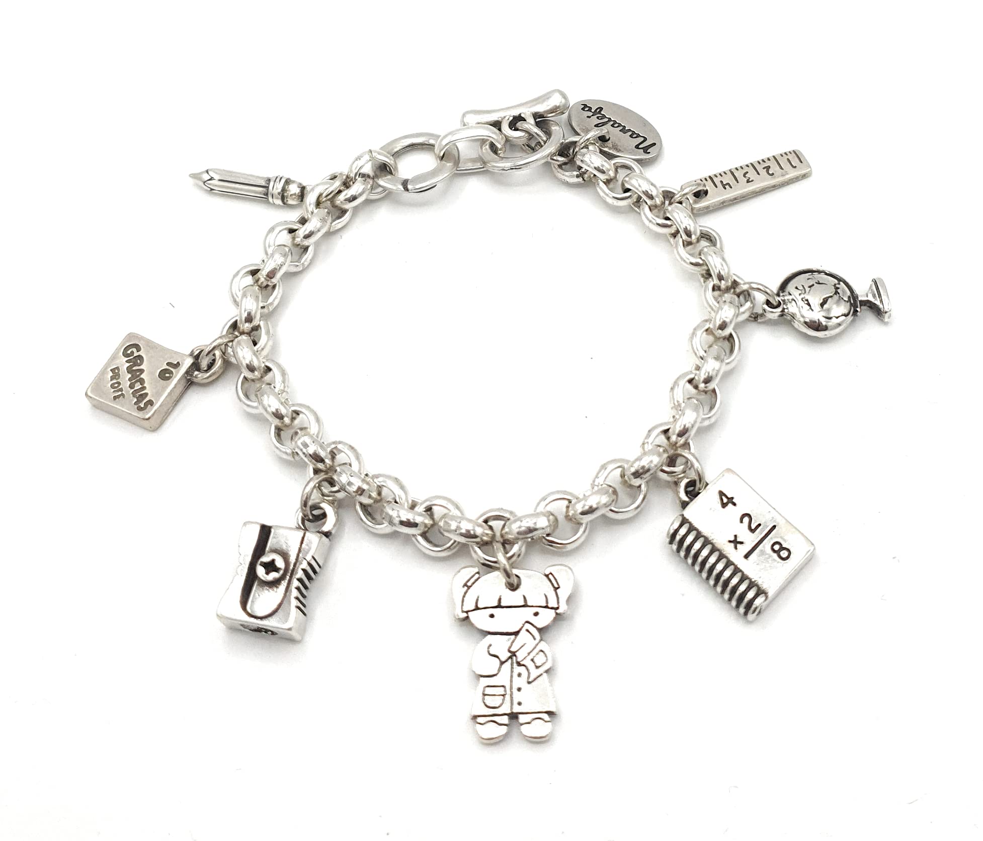 Pulsera profesora con 7 charms de colegio, Nanaleja, regalo maestra primaria, regalos originales para profesores, pulsera charms, regalos maestra infantil, cierre ajustable, hecha en España
