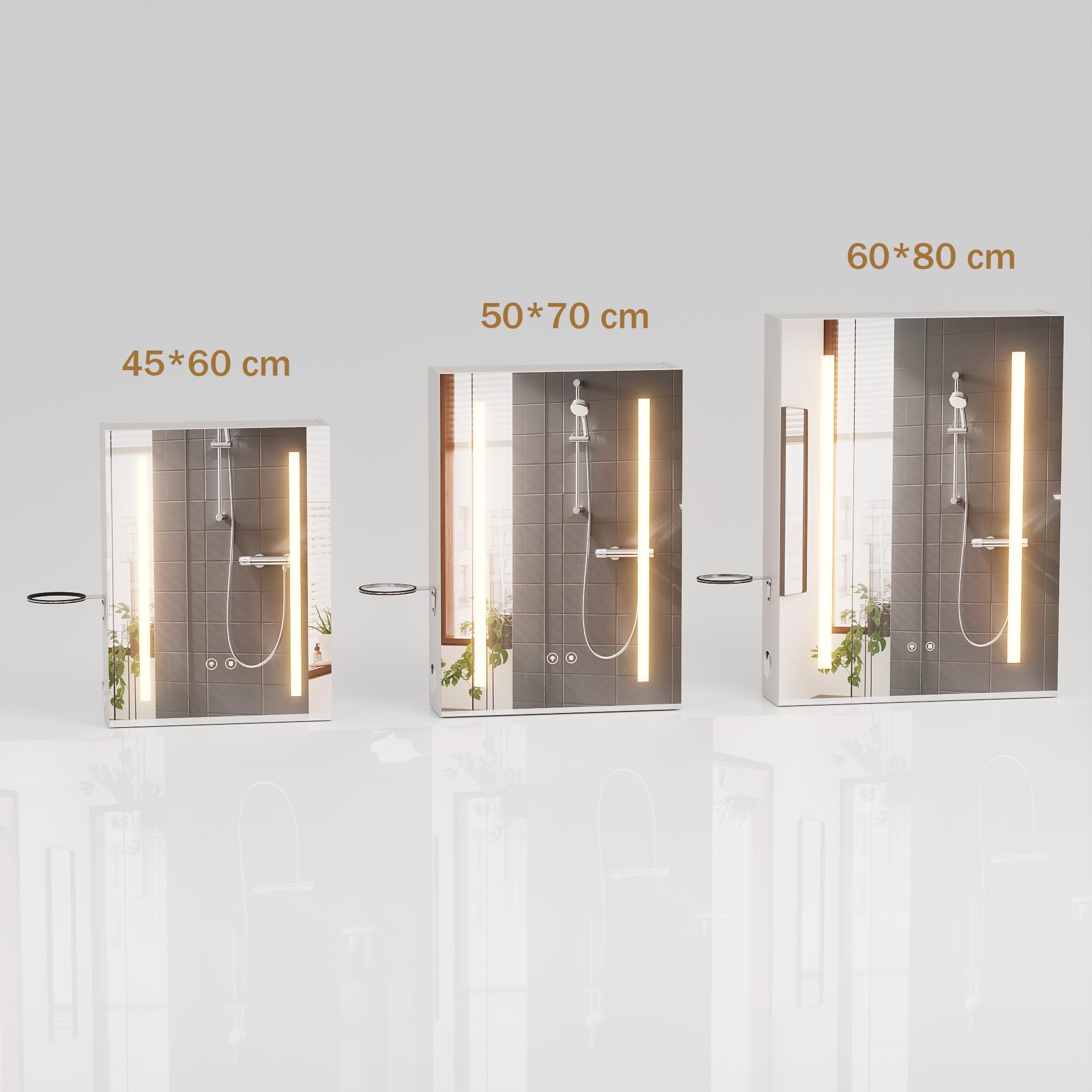 Specchio Bagno Contenitore con Luce e Antiappannamento Armadietto Bagno a Parete con Presa, Supporto per asciugacapelli e 2 Mensola Regolabile, LED Specchio Contenitore Bagno 50x70x15 cm