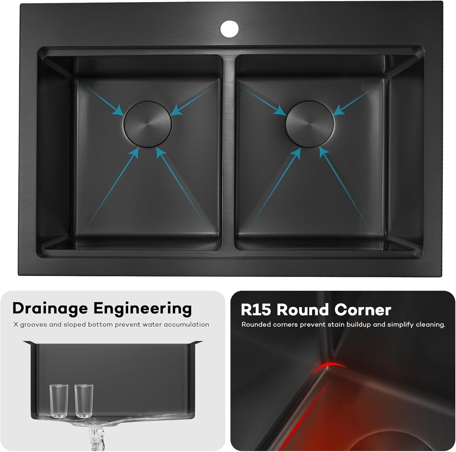 MILOSEN 33 Inch Black Double Bowl Kitchen Sink, 33''x22'' Drop in 16 Gauge T304 Black Stainless Steel Sinks, Workstation Sink 50/50 Topmount Double Basin with Accessories, 10'' Deep and Large Sinks