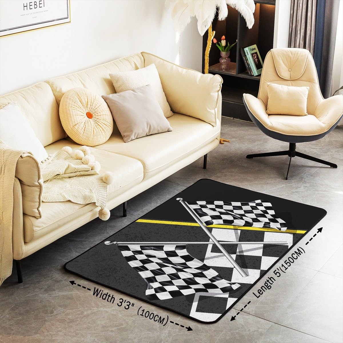 Dekorativer Teppich mit Rennwagen-Flagge, 1,2 x 1,8 m, schwarz-weiß karierte Flagge, Bodenmatte für Spielzimmer, Nachttisch, Sofa, Schlafzimmer, Rennspiel, Sport, Thema, fusselfrei, Teppich für