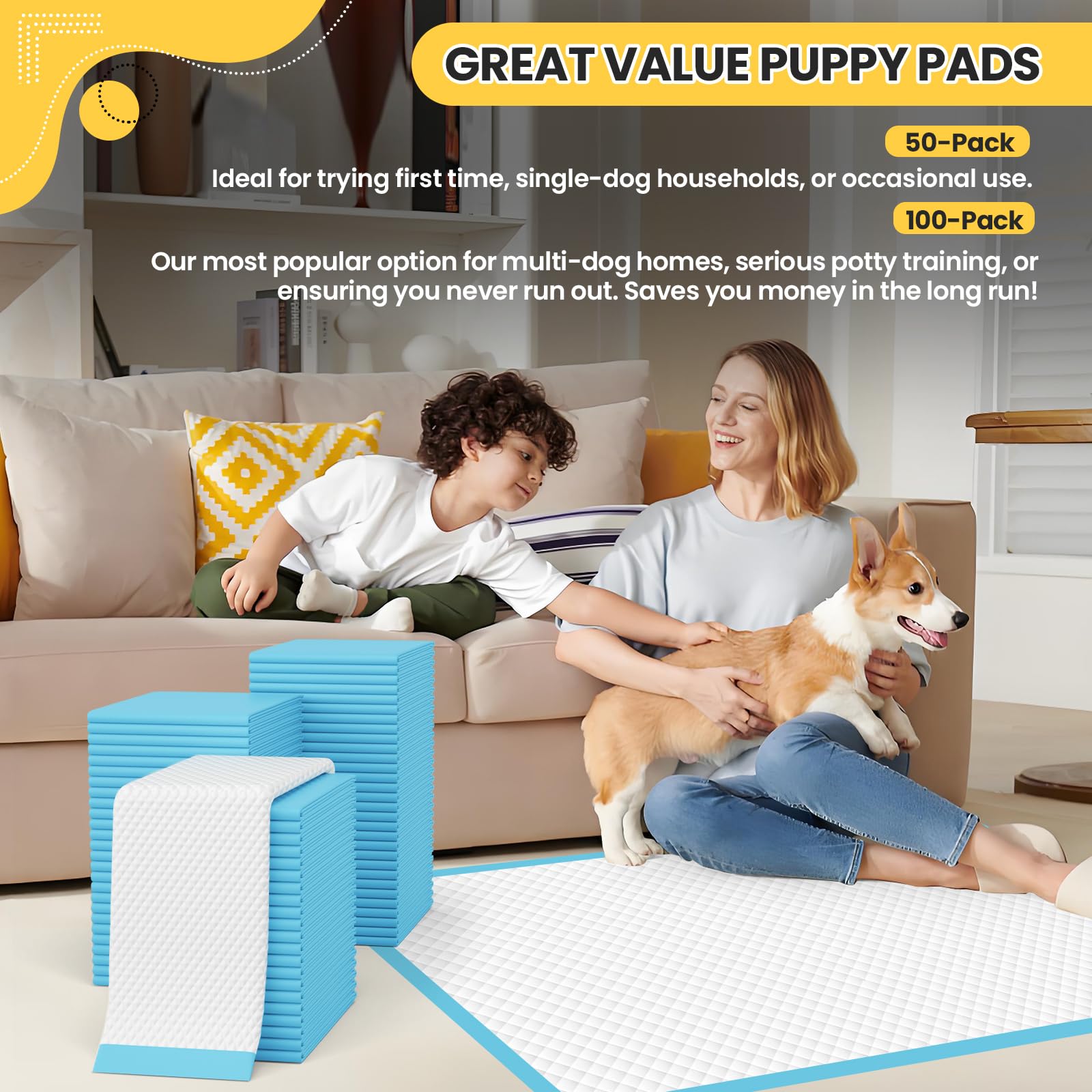 VJJ Almohadillas para cachorros de 30 x 26 pulgadas, 50 almohadillas grandes para orina de cachorros, almohadillas desechables para entrenamiento de mascotas