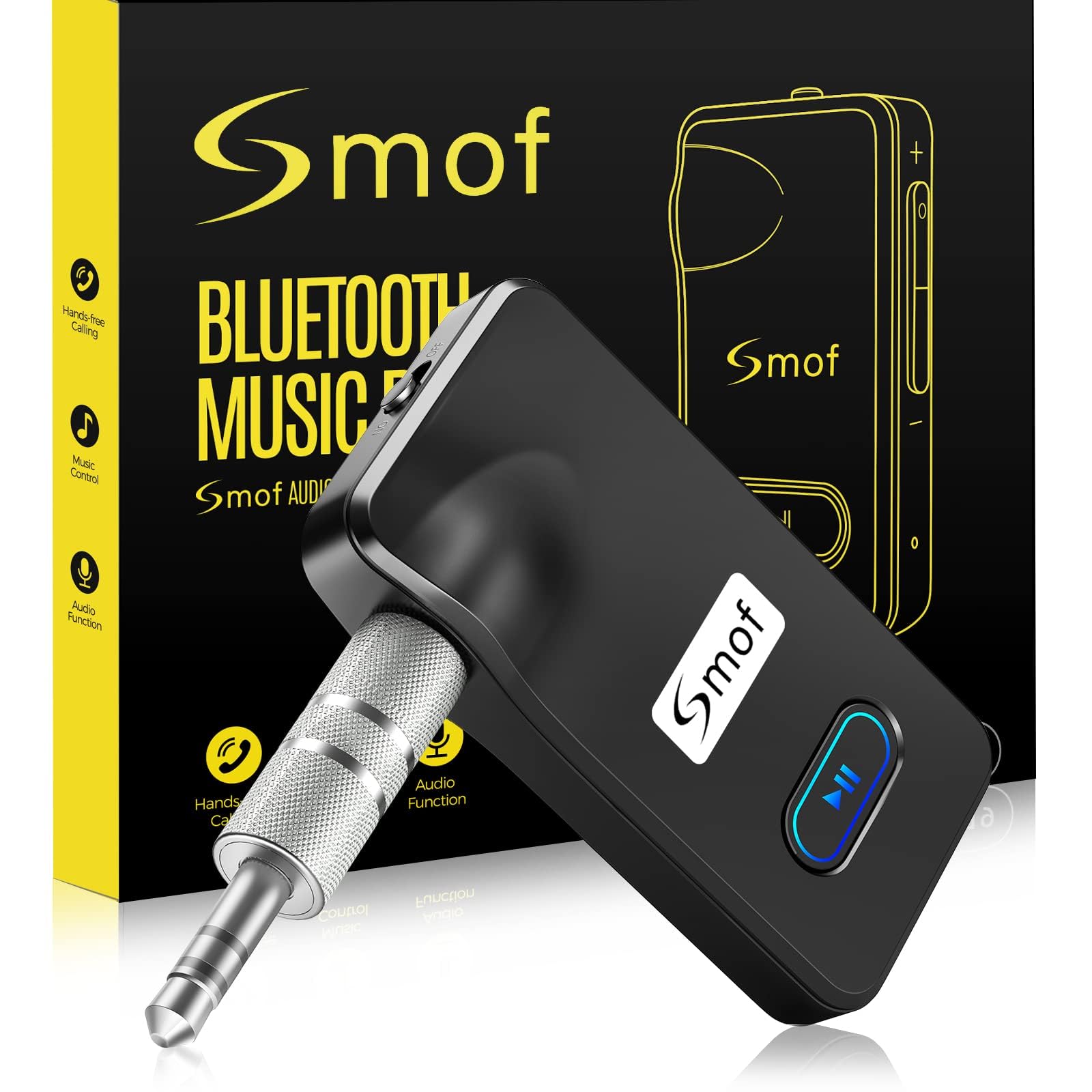 aptador Bluetooth Smof Aux para Coche, Receptor Bluetooth 5.0/Llamada Manos Libres Portátil/Música Estérea del Coche/Cancelación de Ruido/Adaptador Inalámbrico de Audio para Hogar, Negro