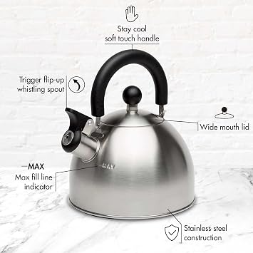 Primula Stewart Whistling Tea Kettle for Stovetop, Stainless Steel Stove Top Kettle with Fast Boil Whistling Spout and Cool Touch Folding Handle, 1.5-Quart, Brushed Silver with Black Handle