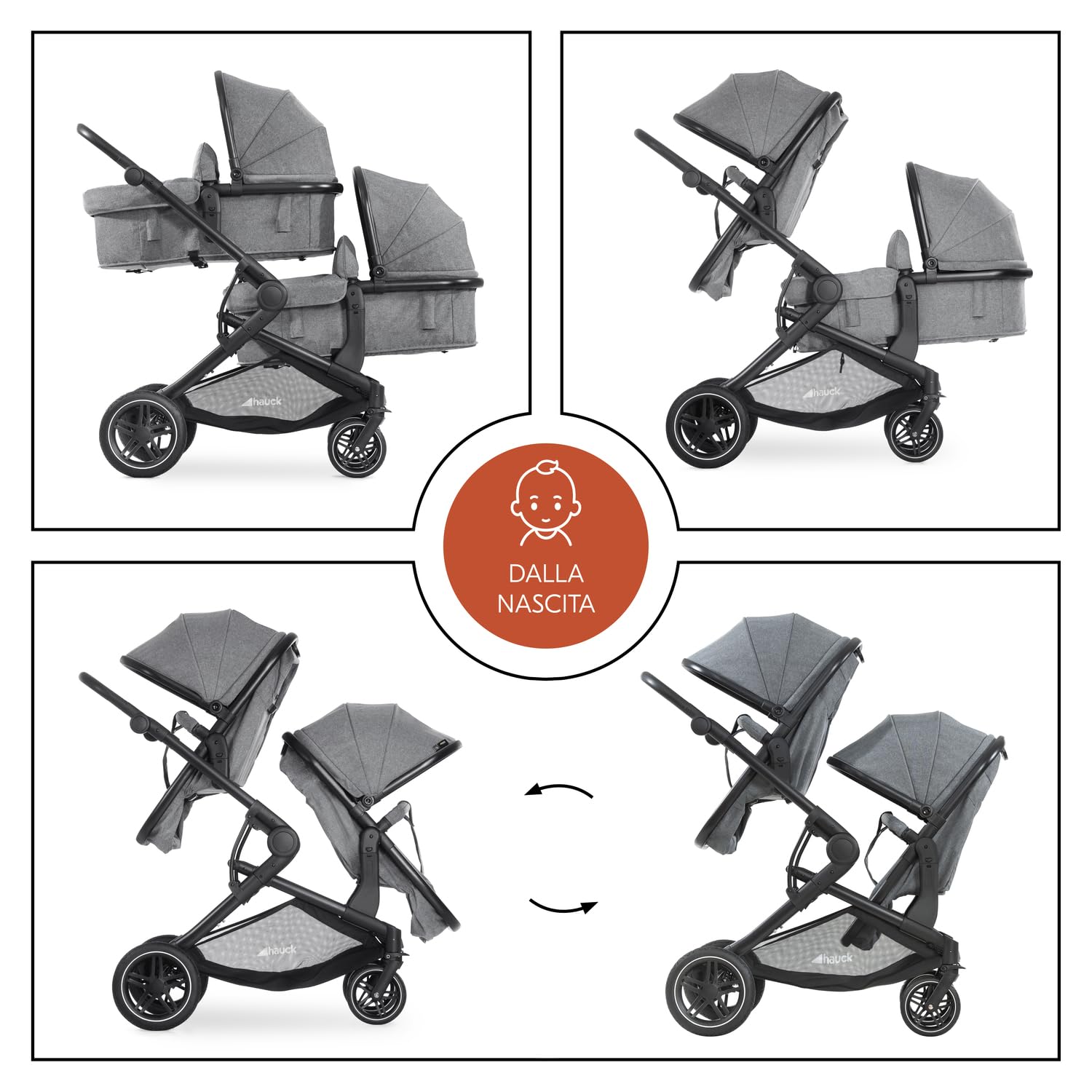 Hauck Atlantic Twin Grigio Melange Passeggino Gemellare per 2 Bambini 15 kg