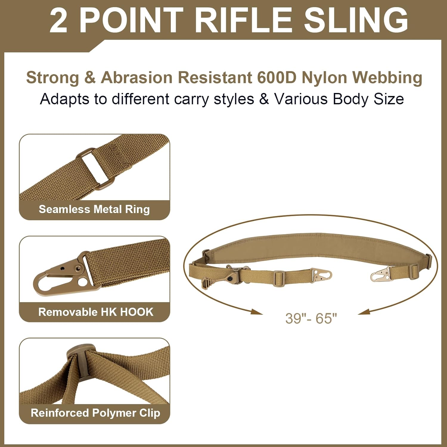 2 Point Rifle Sling, QD Swivel Quick Adjust Gun Sling with HK Hook, Soft Shoulder Padded Tactical QD Sling for Rifle, Shotgun, and Crossbow, Camera, Tool Kits, Bags, Hunting and Outdoor Sports - Image 2