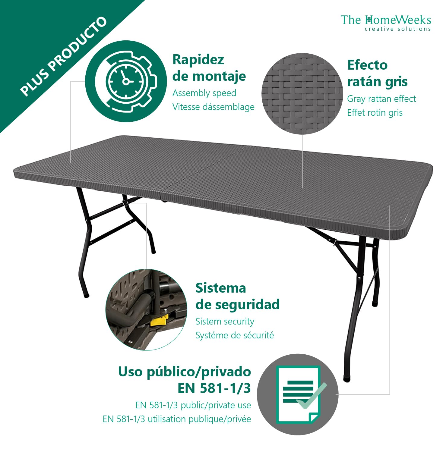 The Homeweeks Mesa Plegable Solid Efecto Ratan Gris Antracita 180cm | portátil | Normativa Uso público | Tablero Resina HDPE 3,5cm | Capacidad 6/8 Personas | Carga 150 kg.