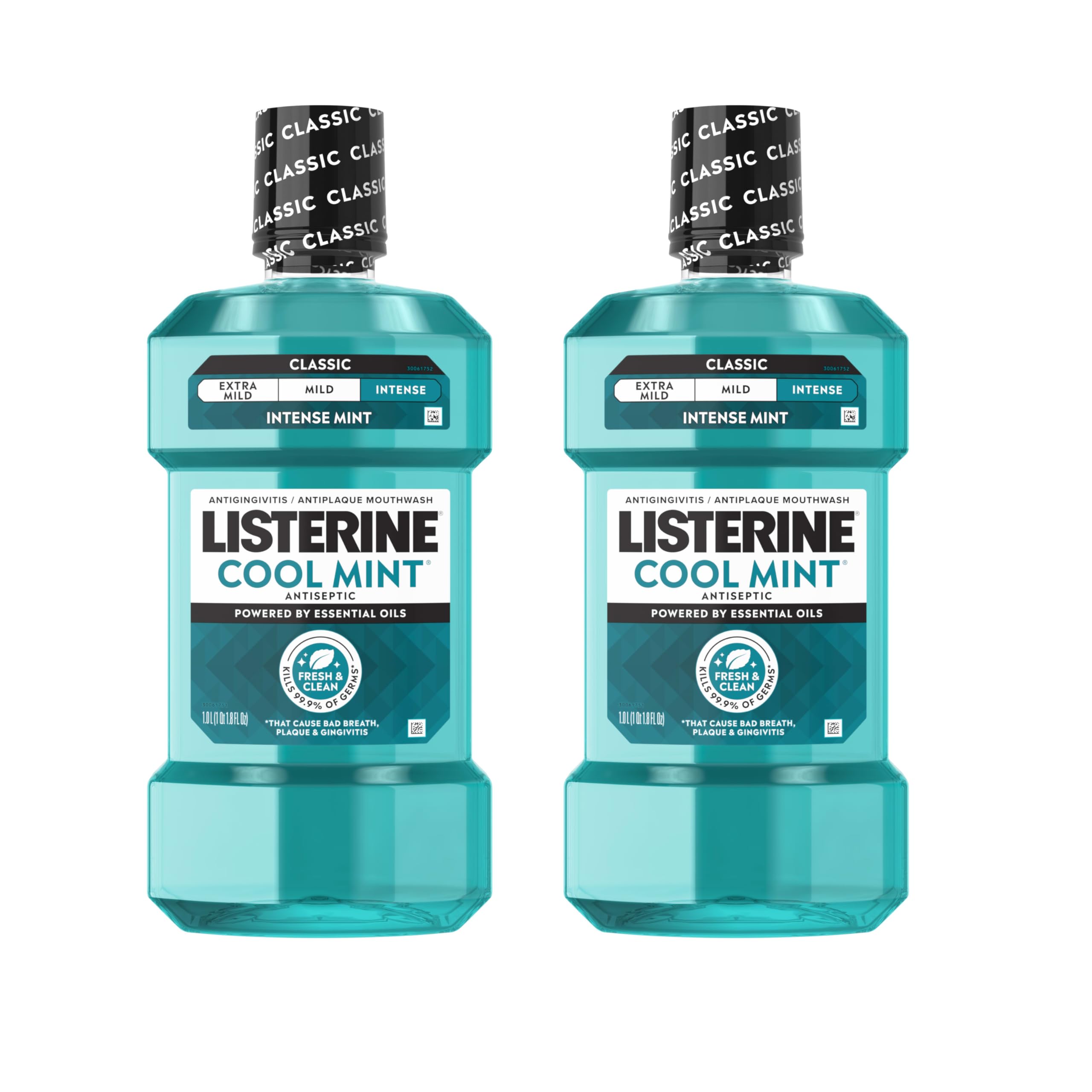 Cool Mint Intense Antiseptic Mouthwash, Daily Oral Rinse Kills 99.9% of Germs That Cause Bad Breath, Plaque & Gingivitis for a Fresh, Clean Mouth, Intense Mint, Convenience Pack, 2 x 1 L
