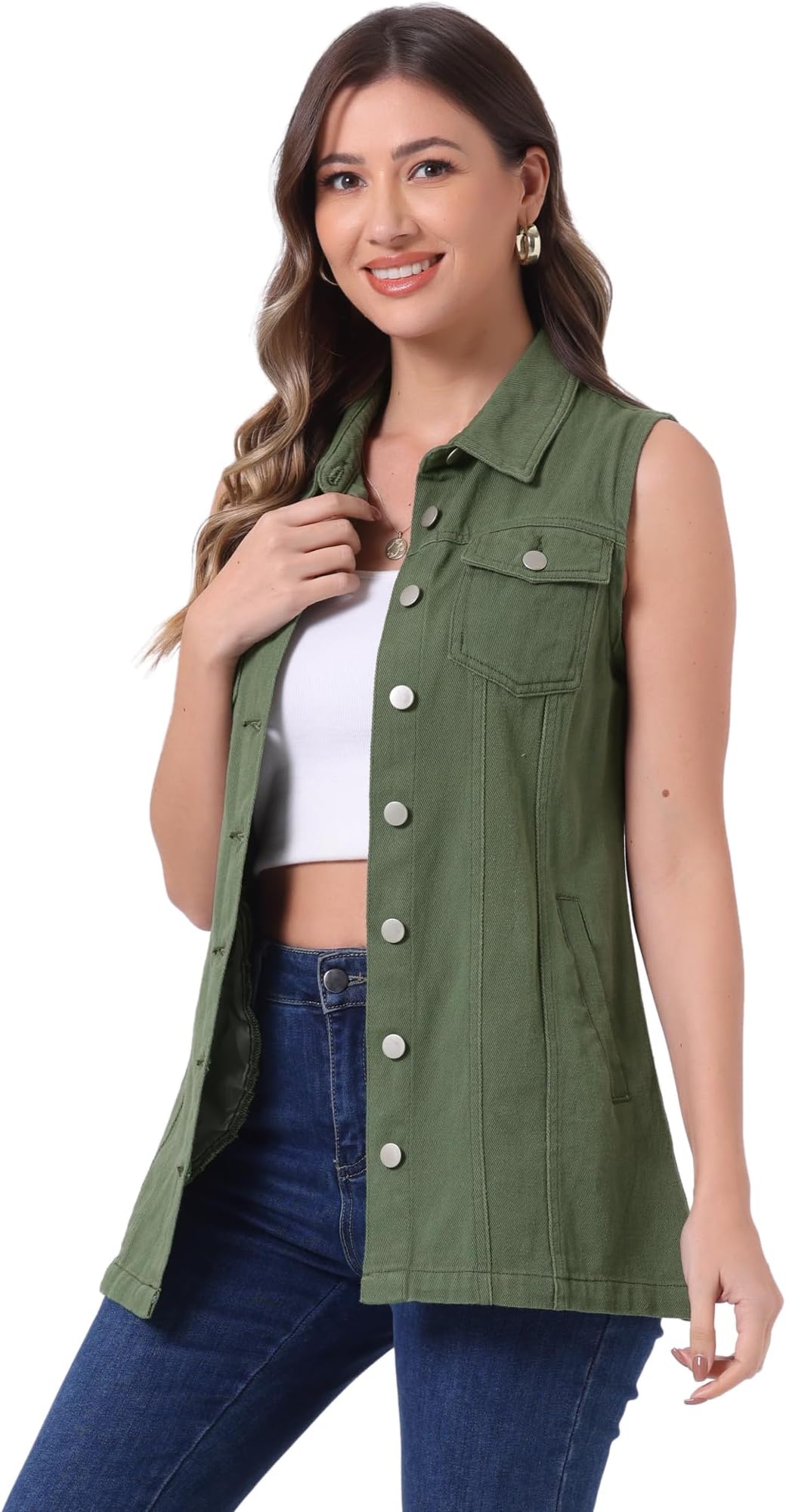 Women's Denim Vest Sleeveless Button Down Waistcoat Casual Long Jean Vests