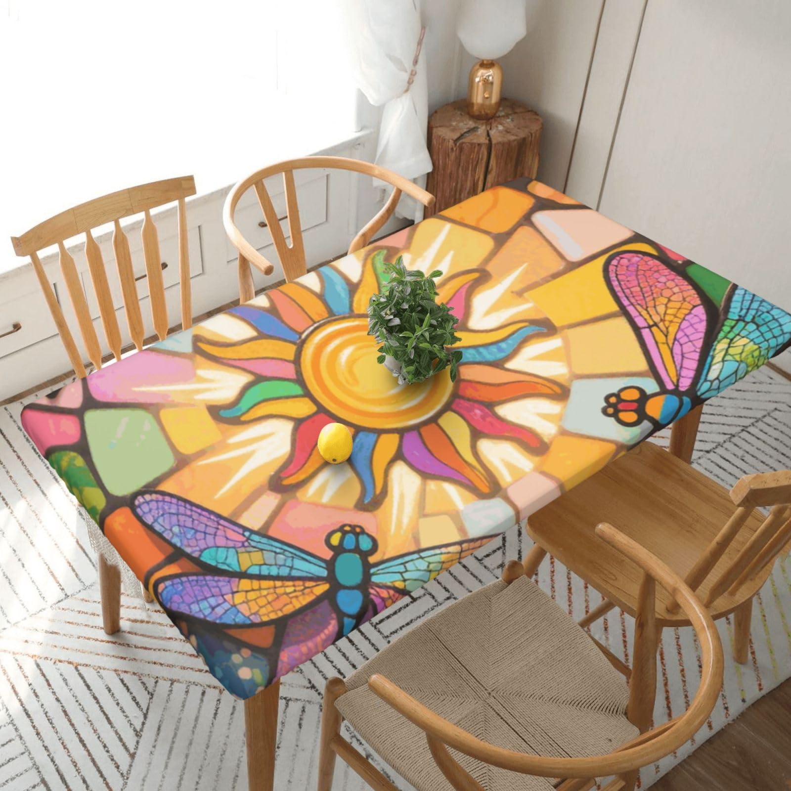 Fodpand Black Stained Glass Dragonfly Spandex Fitted Tablecloth For 5 Foot Rectangle Tables,Waterproof Picnic Table Cover Stretch Table Cloth Washable Table Protector For Picnic, Camping, Outdoor
