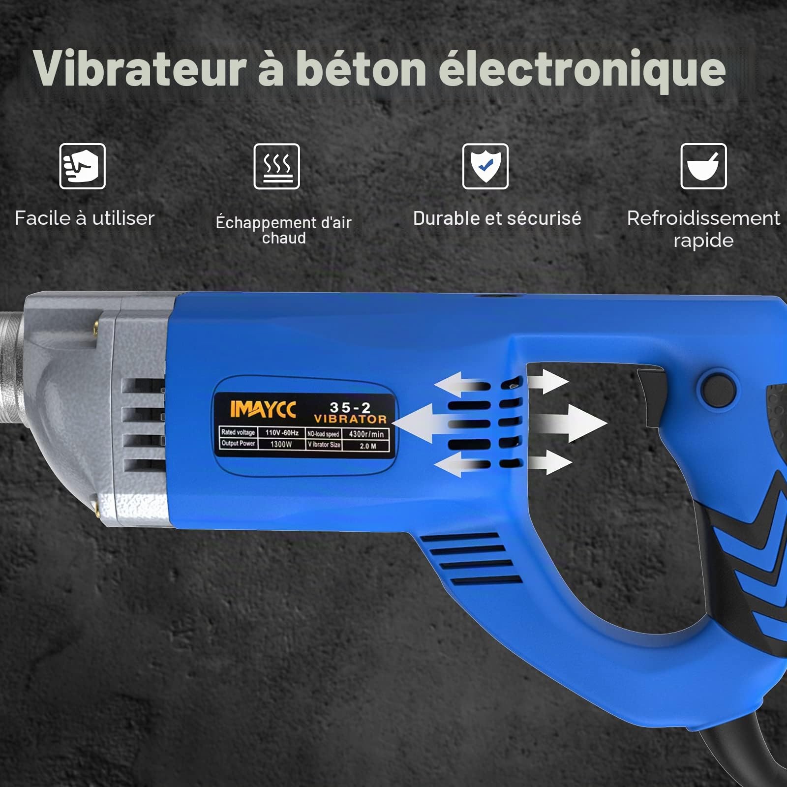 IMAYCC Vibrateur en Béton 1300W, Vibrateur de Construction électrique 4300 tr/min, Longueur de Cuivre Tige Vibrante 2M, Diamètre de l'arbre de Vibration 35mm，pour Tunnels,Routes, Ponts, Maison