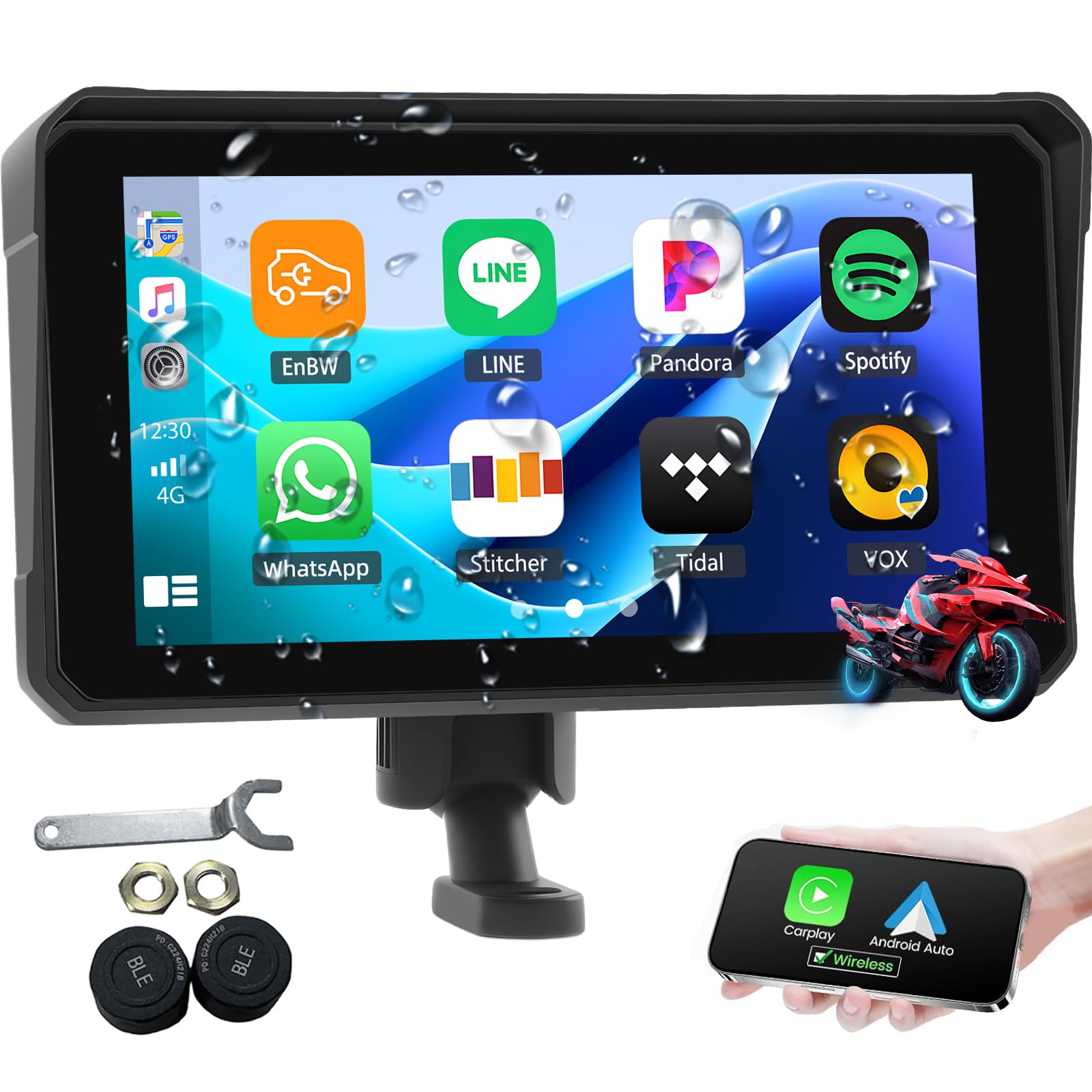 Schermo portatile Moto Carplay 6 pollici IP68 GPS Bluetooth Wireless CarPlay Android Auto TPMS