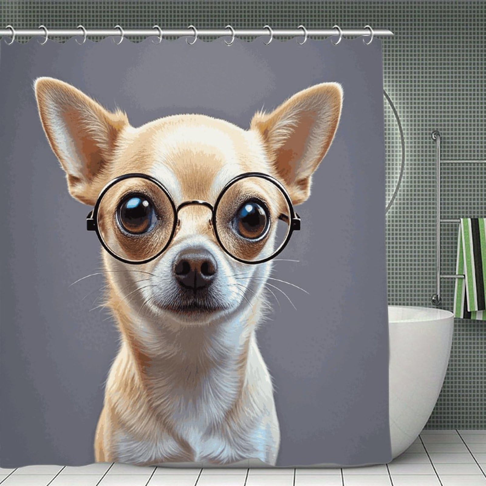 FekiLoot Chihuahua Dog Glasses Shower Curtain Minimalist Thick Bathroom Curtain Washable Modern Bathroom Shower Curtain Heavy Duty Waterproof Cloth Bath Curtain with Hooks 70.8"x70.8"