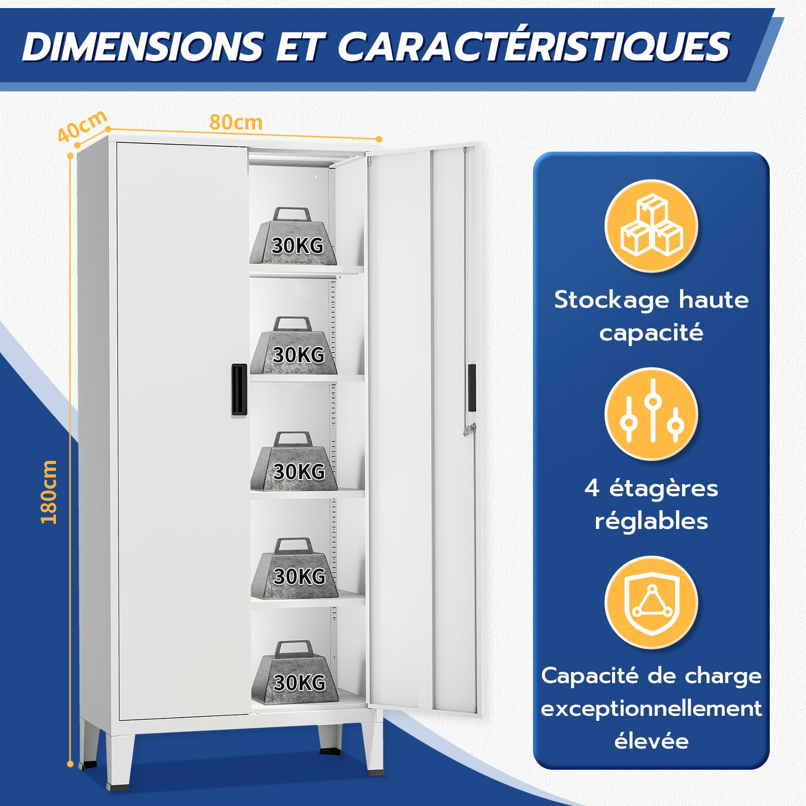 YOUDENOVA Armoire de Bureau Métallique 80 x 40 x 180 cm avec Serrure Rangement Bureau avec 5 Compartiments pour Classeur, Doubles Portes, Serrure, Armoire à Outils,Étagères Réglables,Blanc Mat