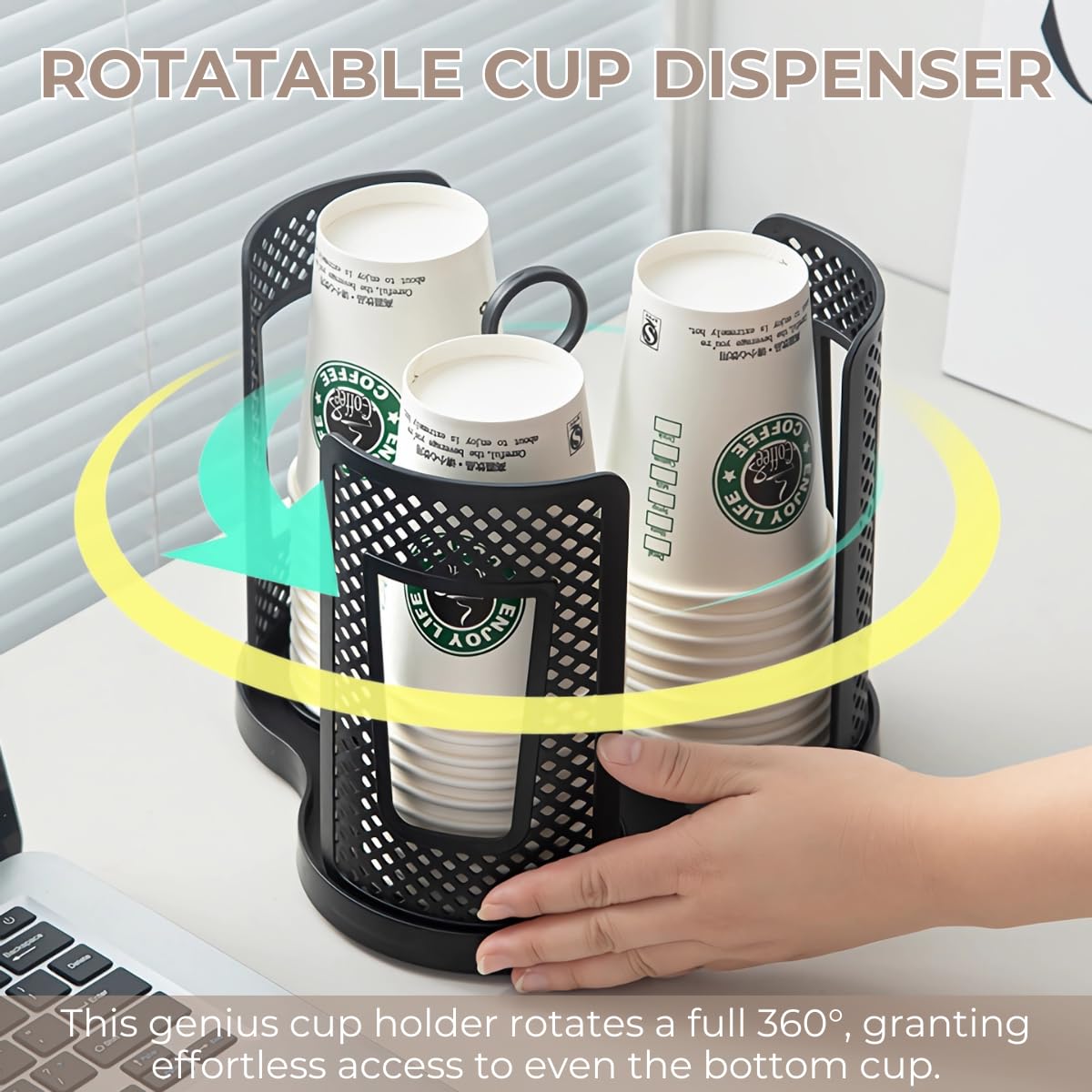 Upgraded Rotatable Coffee Cup Dispenser with 3 Compartments, Atavarna Cups and Lids Holder for 5-18oz Cups Organizer for Restaurant, Coffee Station, Bar, Office, Home-8.85