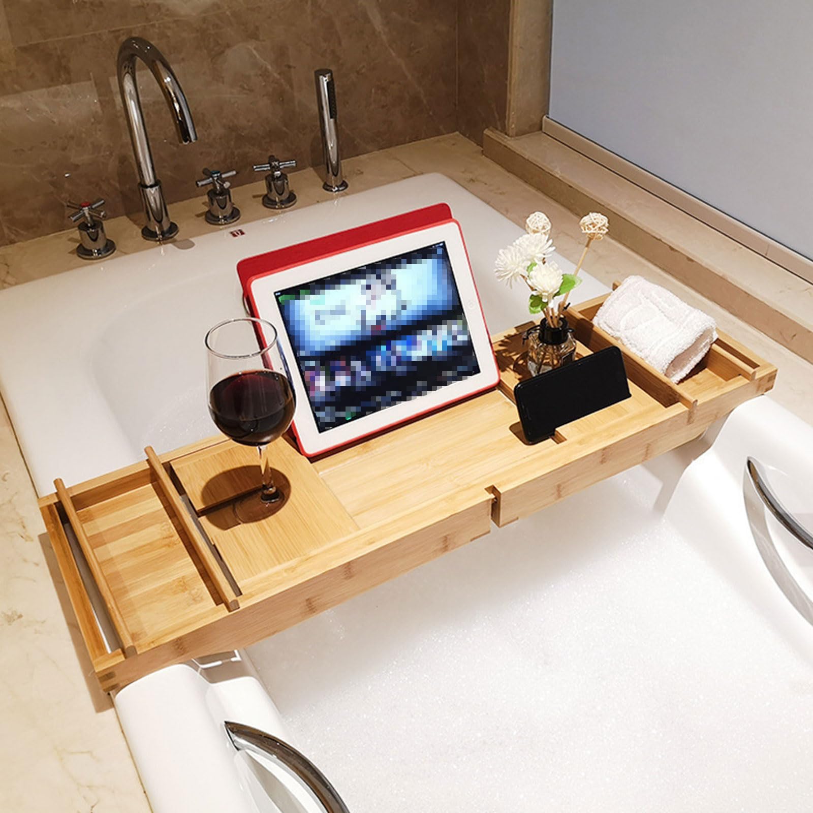 Combo de Bandeja de Desayuno de Bath Caddy - Bandeja y Bandeja de Cama de Madera de bambú Natural con pies Plegables, Soporte de tabletas, Soporte de jabón de Vidrio de Vino,Natural