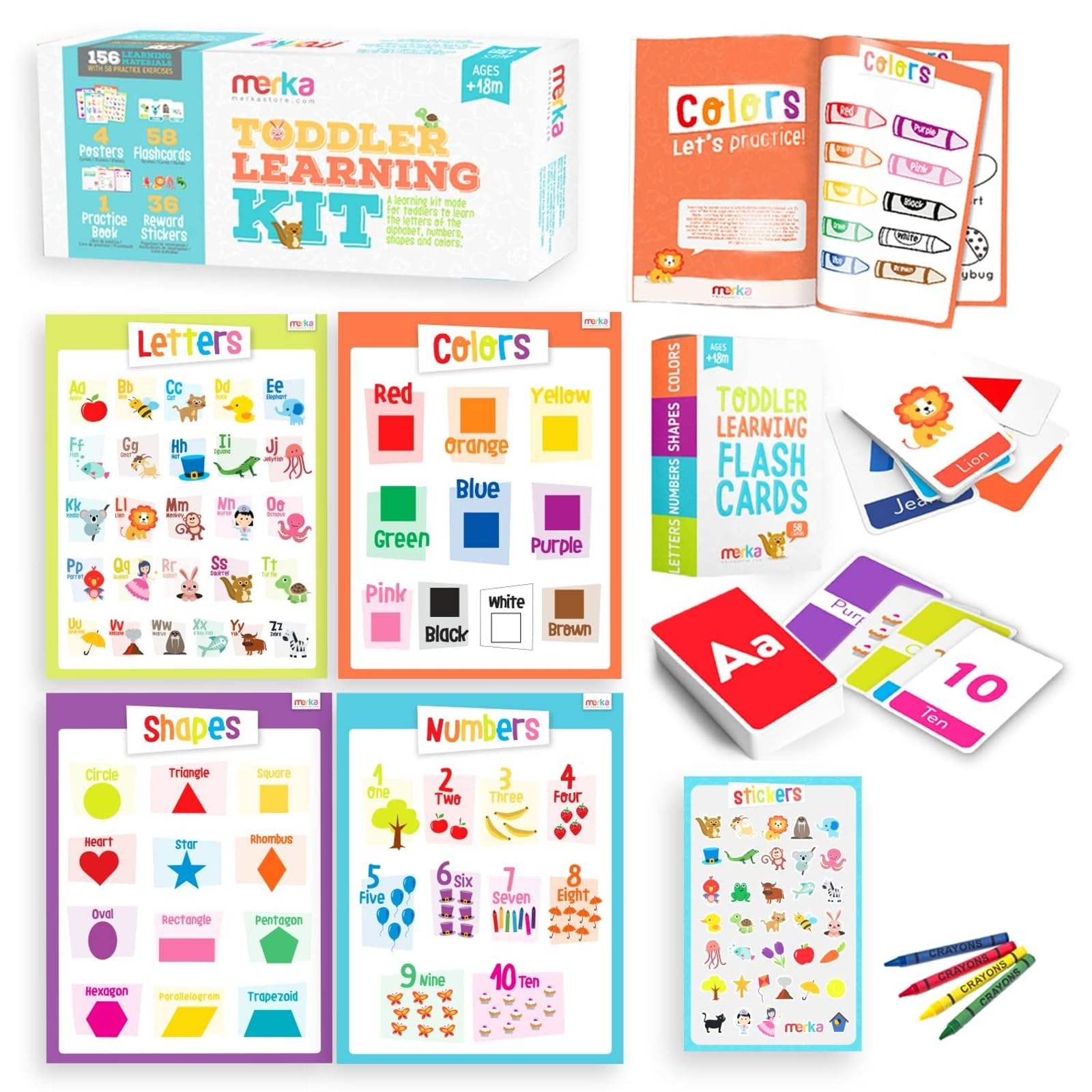 merka PreK & Kindergarten Starter Kit - 58 Flashcards, 4 Posters & 36 Interactive Stickers, Practice Book - Preschool Headstart Flashcards & Homeschool Early Learning Curriculum
