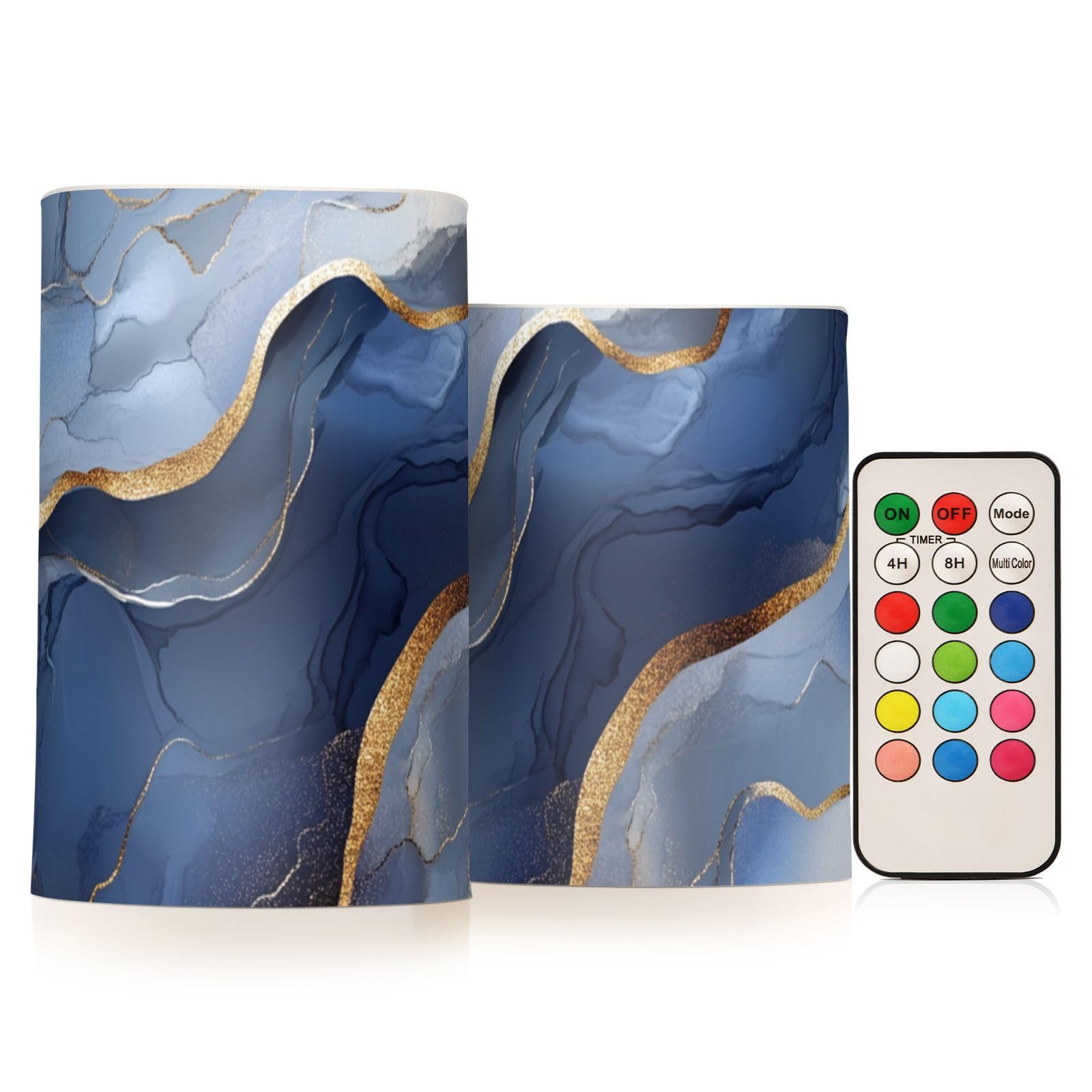 Marble Silver Navy Blue Flameless Flickering Candles Led Flameless Candles with Timer for Table 4" 5" Set of 2