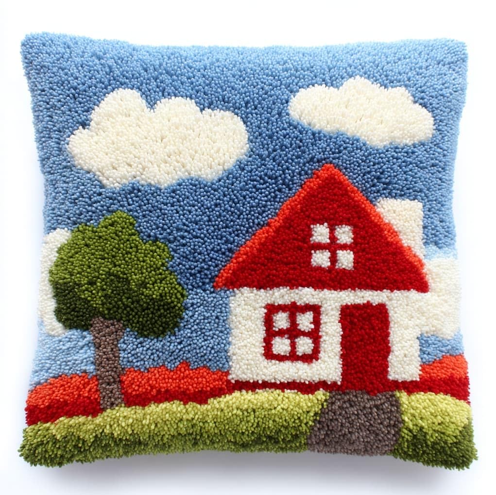 WallustrioaW Latch Hook Kit Cushion Latch Hook Kit,Cartoon Style House,Sofa Cushion Cover Embroidery Craft for Adults and Beginners,17x17in