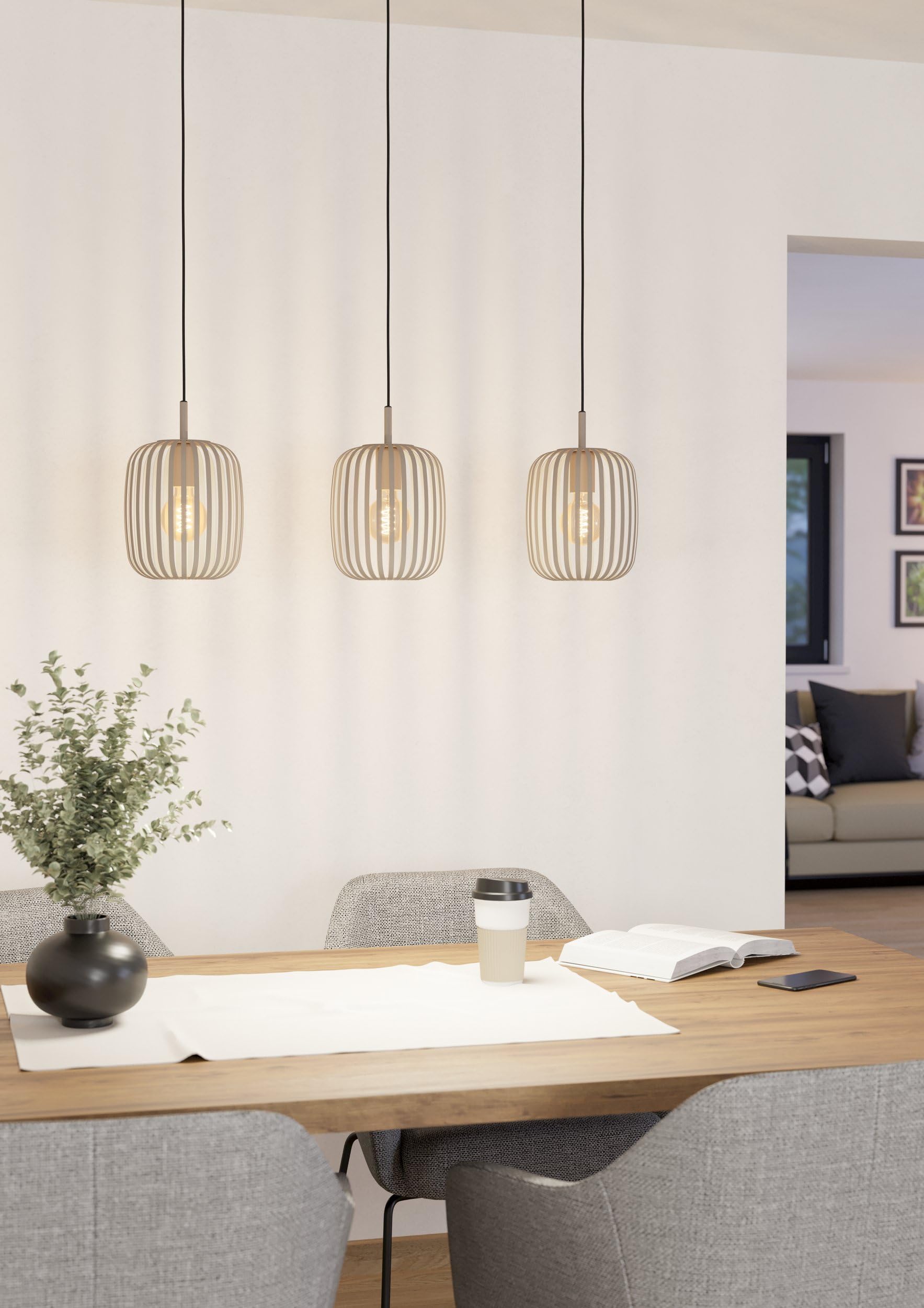 Eglo Suspension luminaire Romazzina, lustre à 3 lampes pour salon et salle | à manger, plafonnier à suspendre en métal couleur sable, lampe de plafond avec douille E27