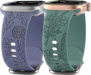 Flower Engraved Silicone Band Compatible with Apple Watch Bands 38mm 40mm 41mm, Cute Women Wildflowers Floral Design Soft Sport Strap Replacement Wristbands for iWatch Series 8 7/SE/6/5/4/3/2/1 (38/40/41mm, Green Lavender)