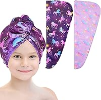 Vista 7 de Basumee Toalla Envolvente de Microfibra para el Cabello para Niños Paquete de 2 Toallas de Cabello de Secado Rápido con Botón Turbantes para Cabello