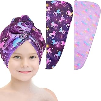 Basumee Microfiber Hair Towel Wrap for Kids 2 Pack Rapid Drying Hair Towel with Button Hair Turbans for Wet Hair Wraps Head Towel Wrap for Women and Girls, Dark Unicorn