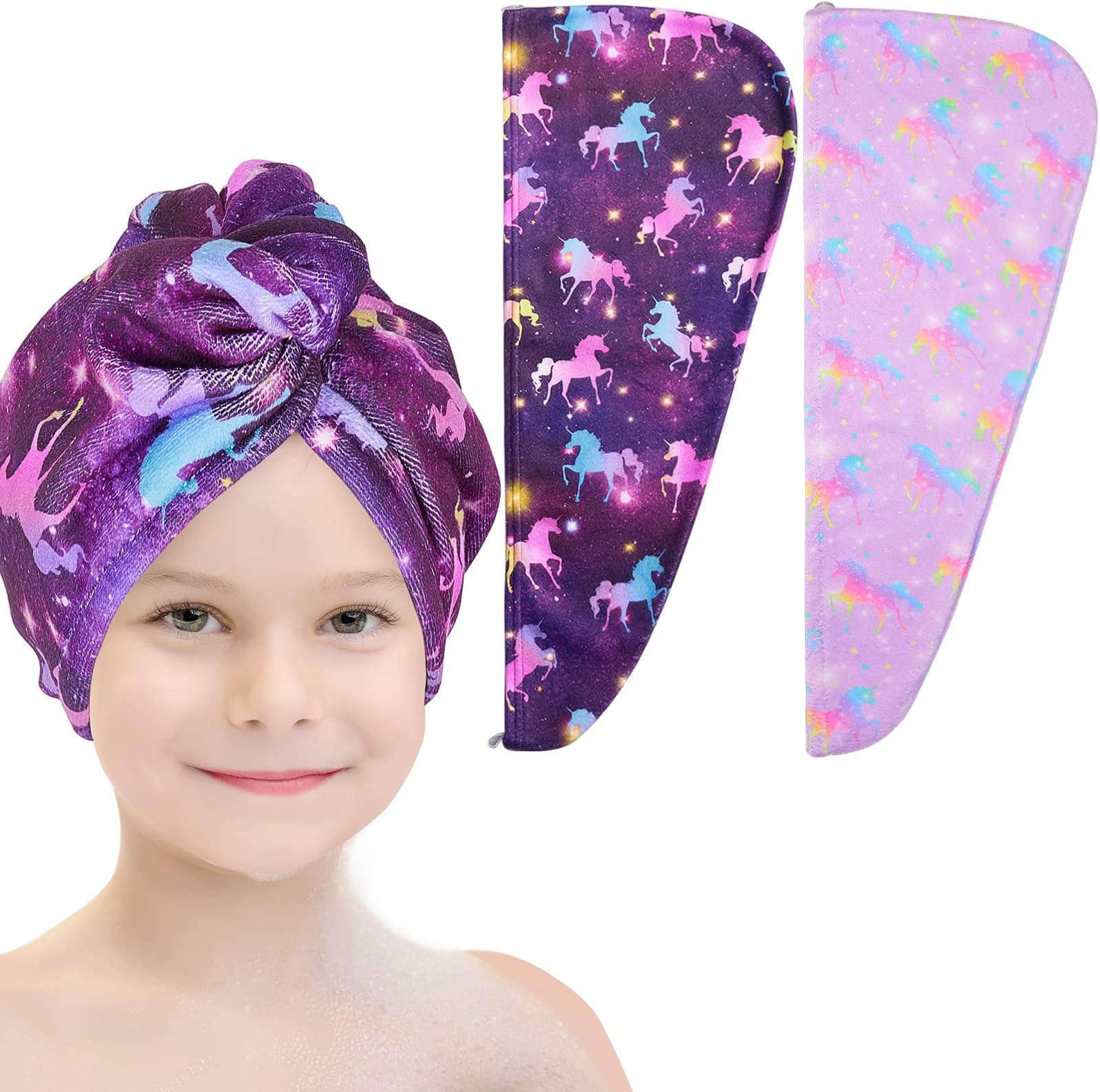 Basumee Microfiber Hair Towel Wrap for Kids 2 Pack Rapid Drying Hair Towel with Button Hair Turbans for Wet Hair Wraps Head Towel Wrap for Women and Girls, Dark Unicorn