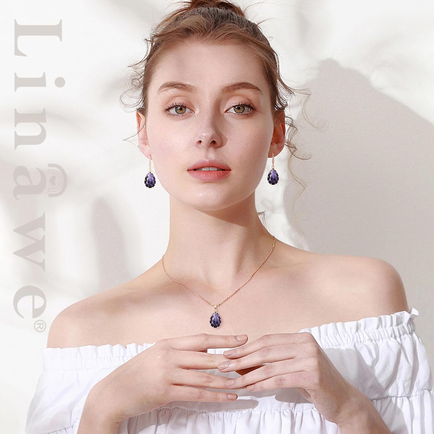 Linawe Crystal Jewelry Sets for Women, Imitation Diamond Pendant Necklace, Rhinestone Drop Dangle Earrings, Birthstone Cubic Zirconia Matching Wedding Jewelry, 14K Gold/Rose Gold/Silver Tones - Image 3