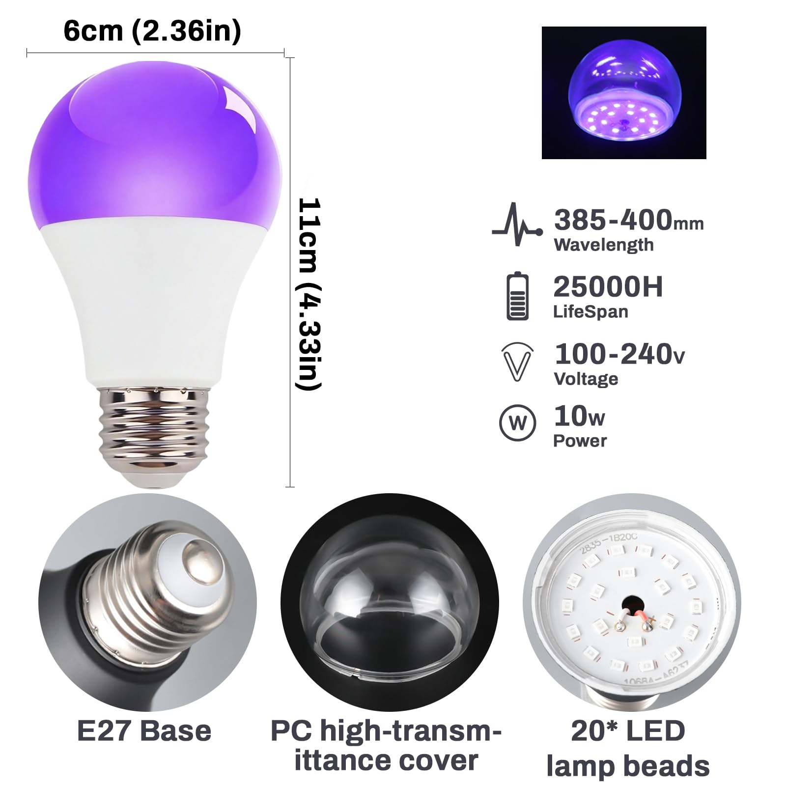 Żarówka UV z czarnym światłem, E27, 10 W, czarna żarówka, 385-400 nm UVA, oświetlenie UV na imprezę Halloween, do piwnicy, dyskoteki, klubu (2 sztuki białe)
