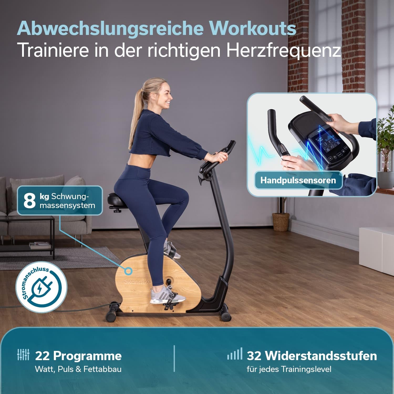 Skandika Ergometer Treliv P8 | Heimtrainer aus Eisen mit MDF Holz, Magnetbremse 32 Stufen, LED Display, 22 Programme, Sattel & Lenker verstellbar, Bluetooth Kinomap App kompatibel, bis 120 kg