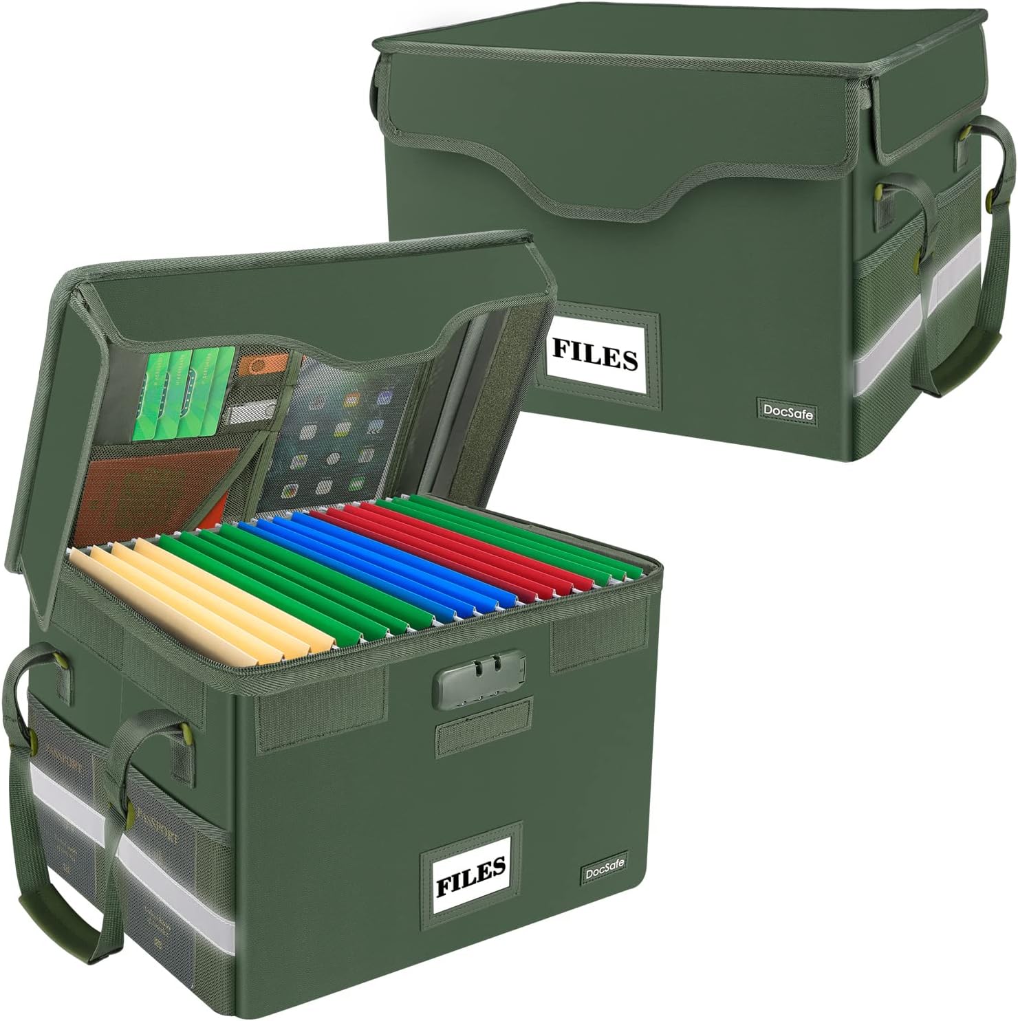 DocSafe File Box Fireproof Document Box with Lock,File Storage Organizer Box with Insert Mesh Pockets,Green,2 Pack