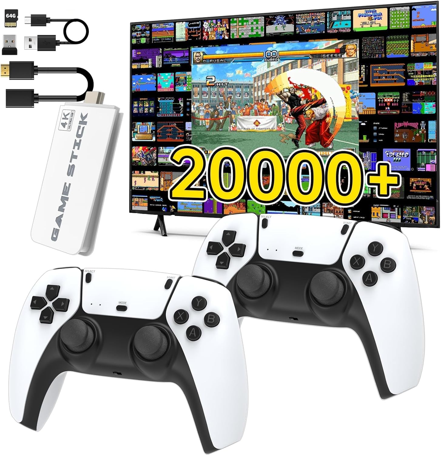 2025 Wireless Video Games for Tv Gaming, Retro Gaming Console with Game Stick 4K HD Game Stick,Plug & Play TV Video Game Set for 2 Player with 10 Emulators 20000+ Mario,Tekken3 2.4g Wireless