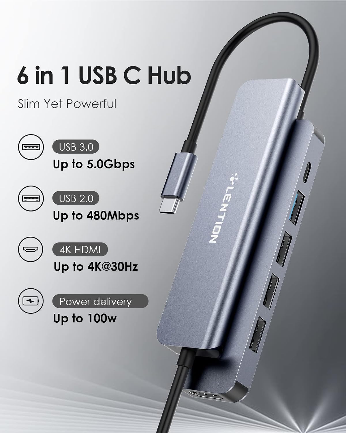 LENTION USB C Hub Multiport Adapter with 100W PD Charging, 4K HDMI, USB 3.0 & 2.0 Compatible 2022-2016 MacBook Pro, New Mac Air/Surface, Chromebook, More, Stable Driver Certified (CB-CE17, Space Gray)