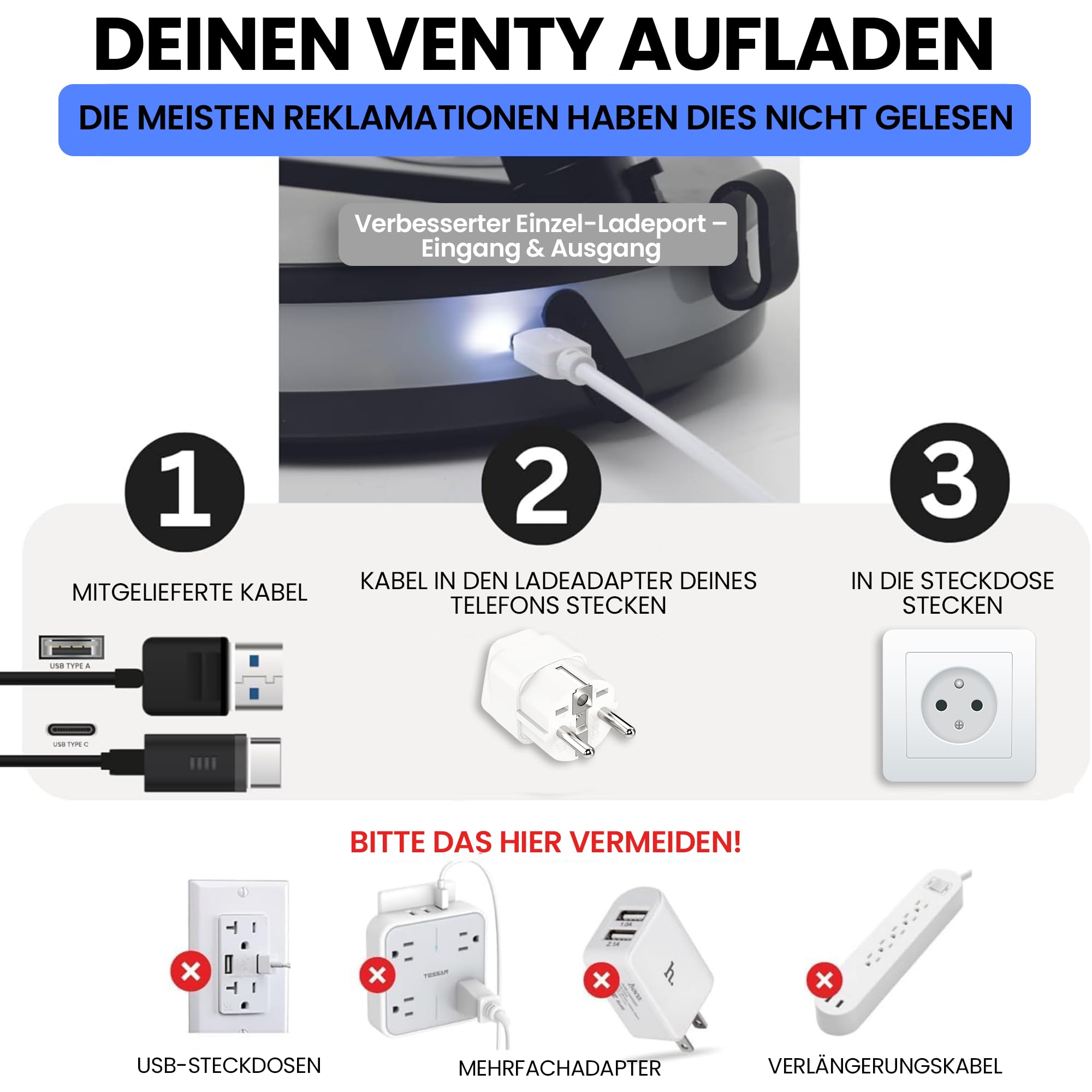 VENTY Tragbarer Ventilator - Faltbarer Ventilator Akku mit Transporttasche, Ladeanschluss und USB-Anschluss - 4 Geschwindigkeiten, Kompakt, Verstellbar - Mit LED Licht und Fernbedienung - Portable Fan