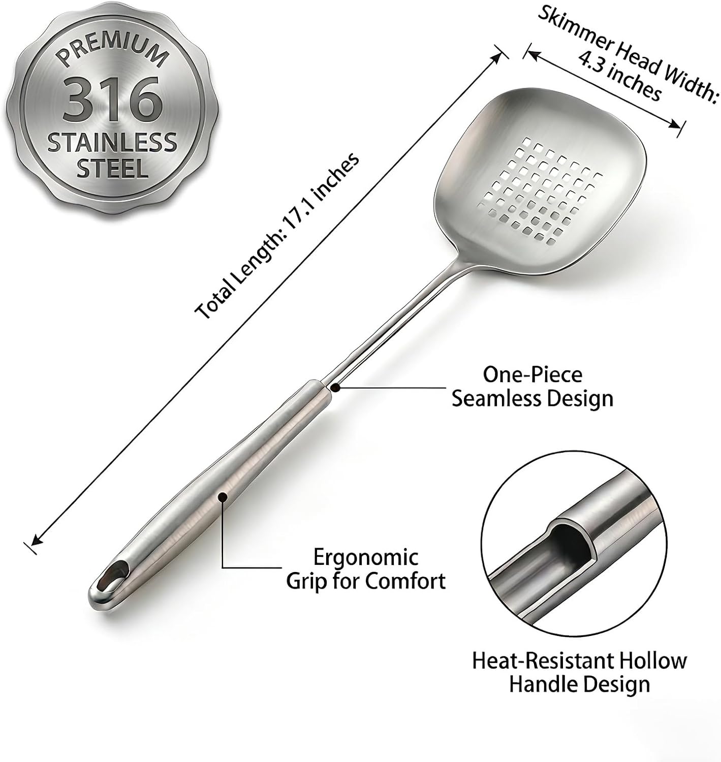 316 Stainless Steel Skimmer Spoon,17.1" Extra Long Slotted Spoon for Frying,One-Piece Ergonomic Cooking Skimmer with Cool-Touch Hollow Handle,Heavy Duty Kitchen Strainer for Pasta,Wok