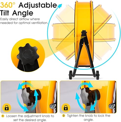 Miniatura 5 de Xcity Ventilador de tambor de metal de 24 pulgadas, ventilador de piso industrial de alta velocidad máximo de 8700 CFM con inclinación de 360° y 3
