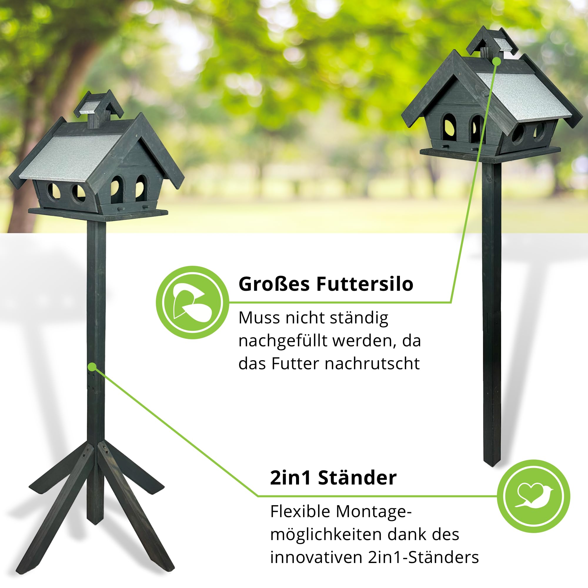 GARTENETAGE Vogelhaus Holz mit Metalldach und 2in1 Ständer/Vogelhaus wetterfest und stabil/Vogelfutterhaus mit Ständer/Robustes Vogelhäuschen für Balkon und Garten