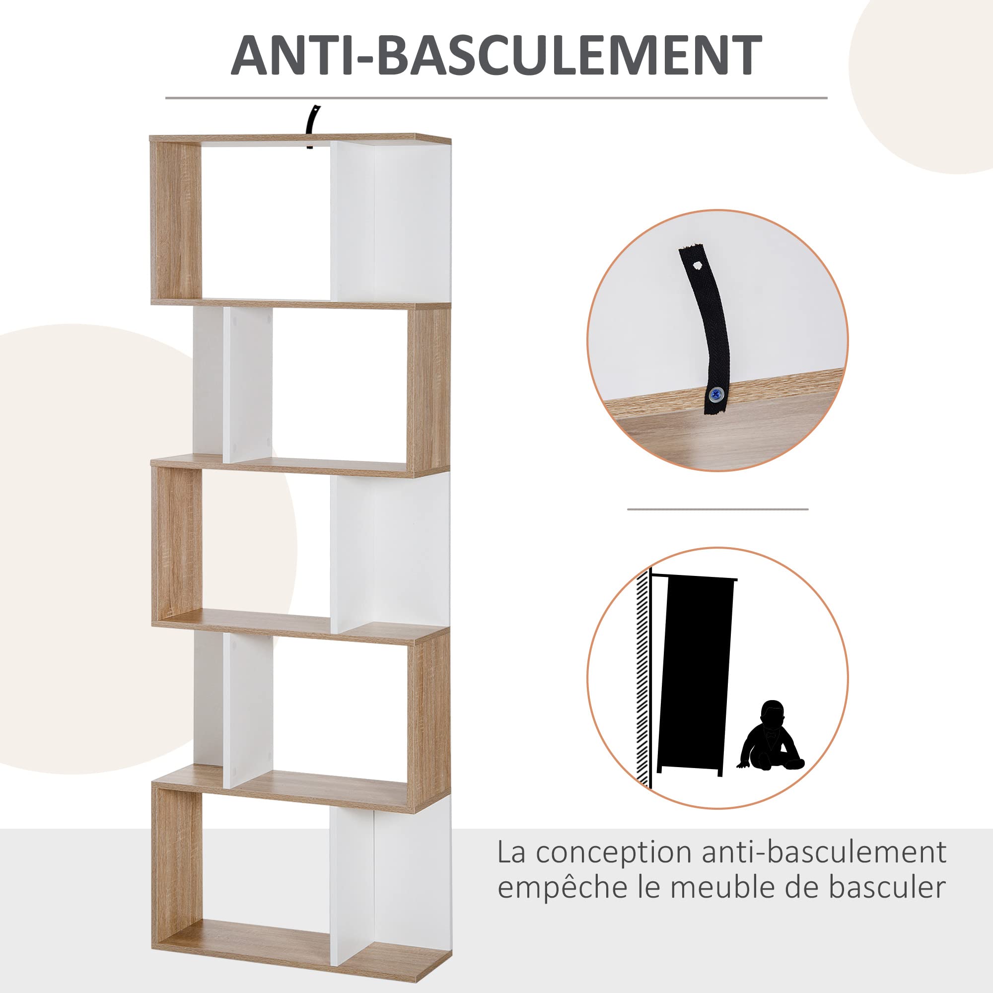 HOMCOM Bibliothèque à 5 Niveaux Forme S 60 x 24 x 184,5 cm Blanc | Meuble de Rangement avec Étagères, pour Salon Chambre Bureau, Étagère de Rangement, Bois de Chêne