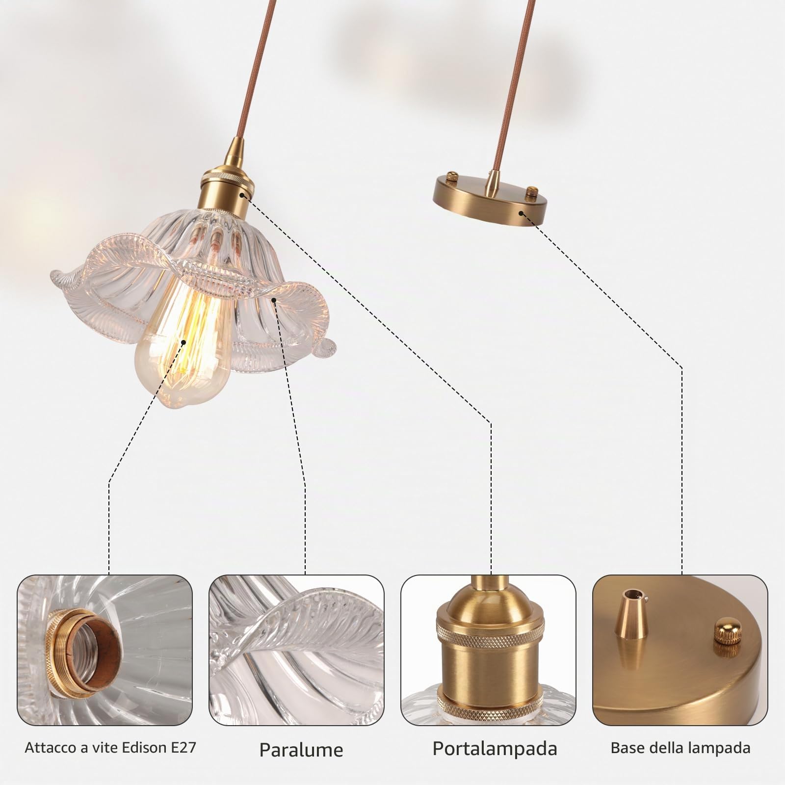 Set di 2 Lampada a Sospensione Industriale Vintage Ottone Lampadario Creativo Fiori Paralume in Vetro E27 Plafoniera per Cucina Sala da Pranzo