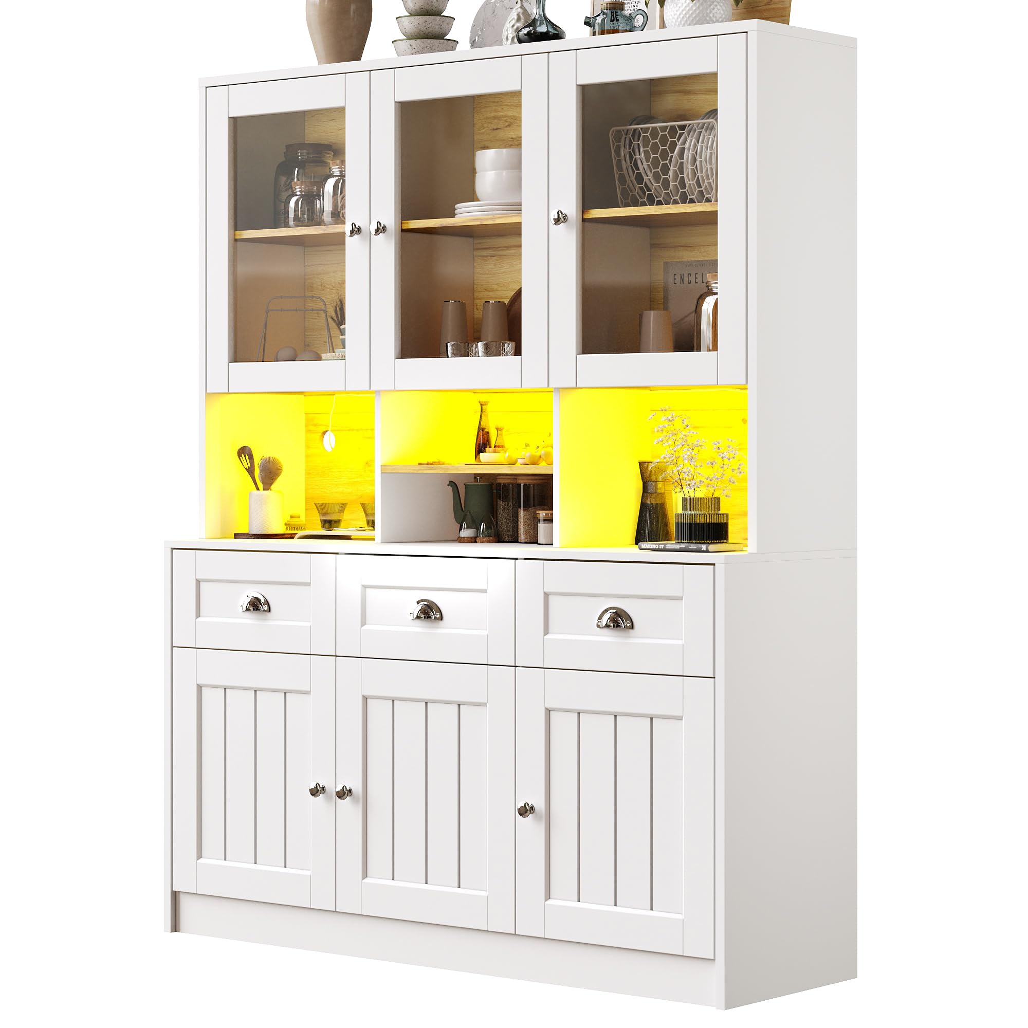 LAKFEW Armario Cocina con Iluminación LED y Dispositivo Antivuelco, Alacena de Cocina con 6 Puertas y 3 Cajones, Aparador, Armario Despensa Cocina con Estante Ajustable, 140x40x175 cm, Blanco