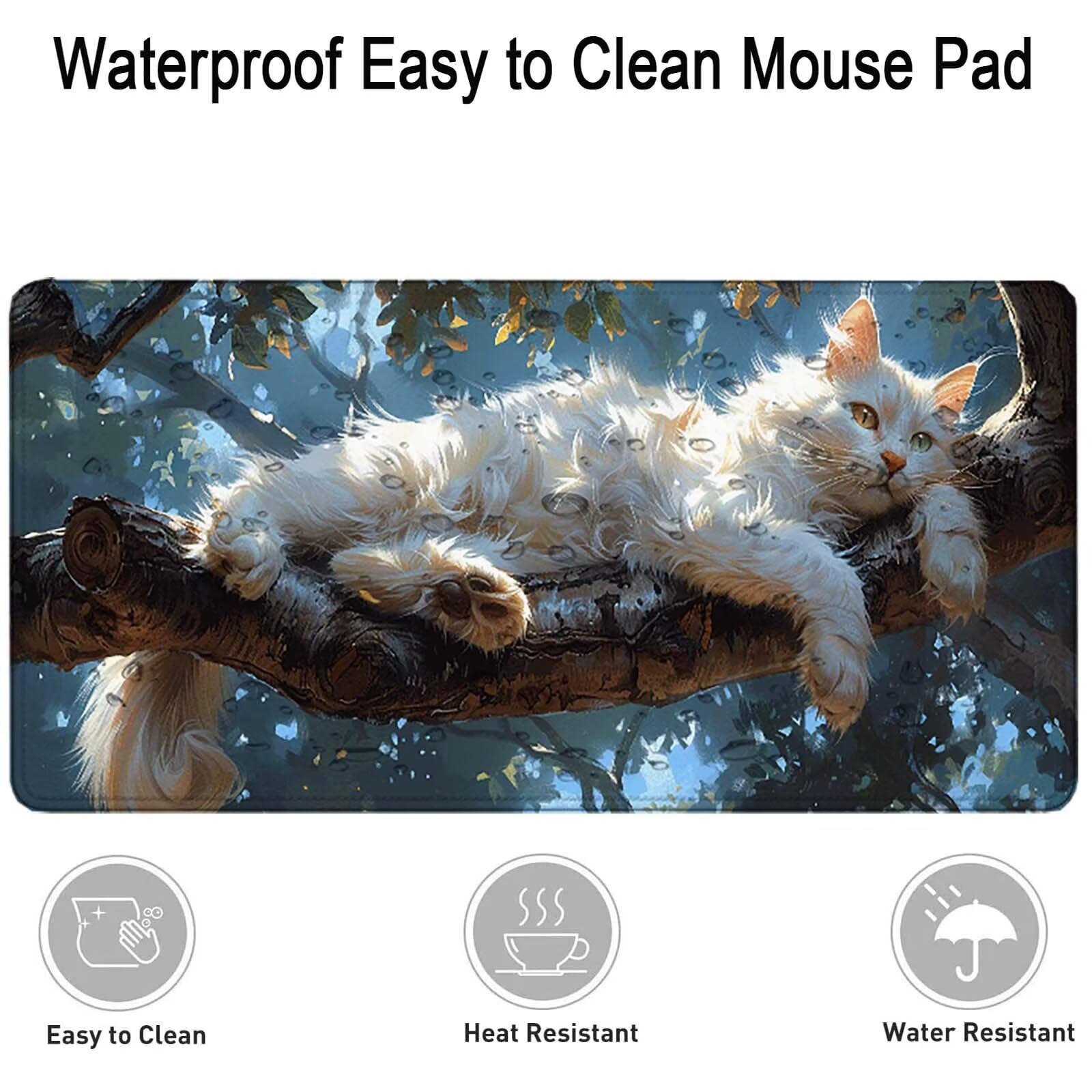 Blanco Alfombrilla Ratón Gato Alfombrilla Gaming XXL (1500 x 800 x 3 mm), Impermeable Mouse Pad con Bordes Cosidos Tapete Escritorio con Base de Goma Antideslizante para Gaming, Oficina -zzg2505Q6