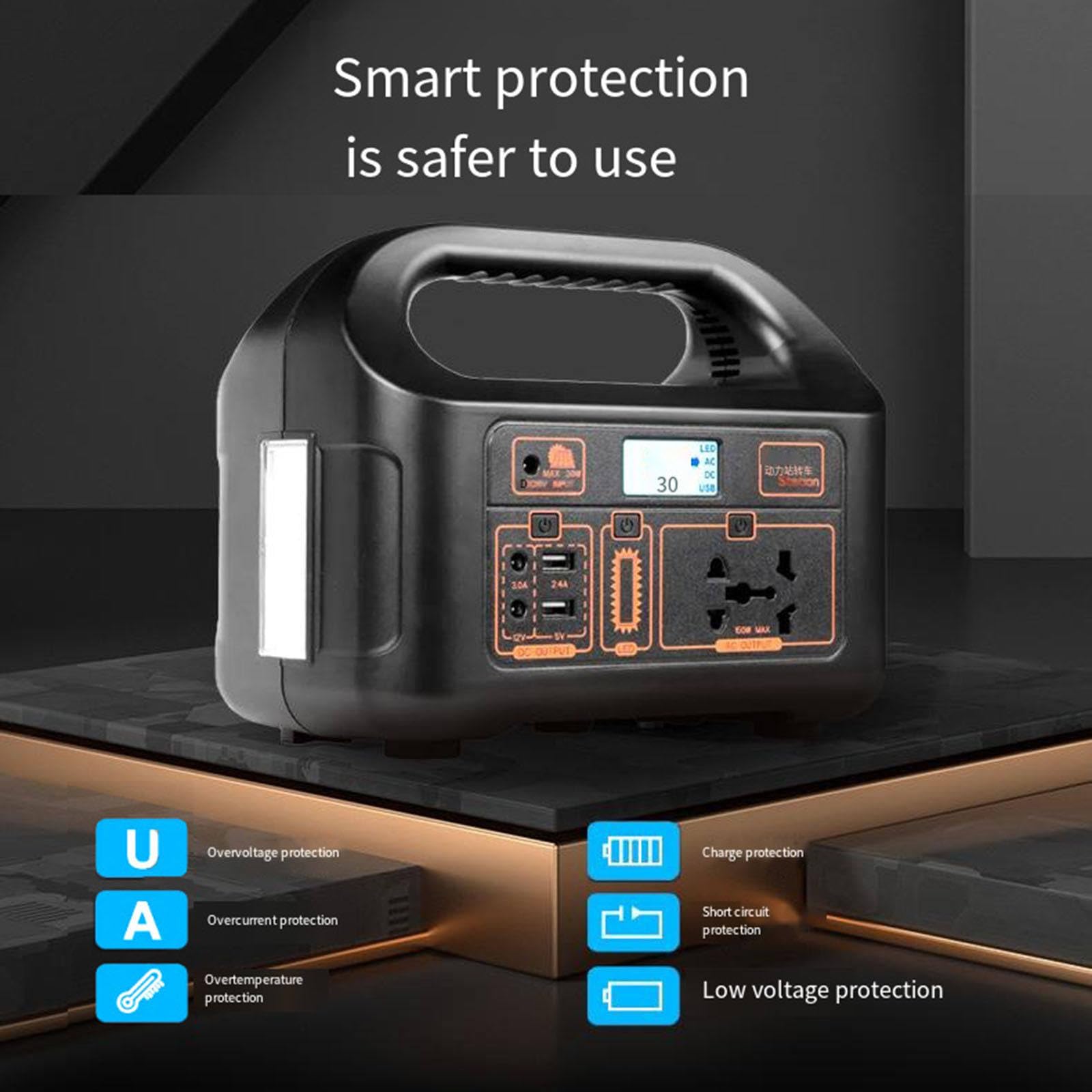 Batterie externe portable 150 W avec lampe LED et signal de sortie corrigé, idéale pour le camping, les aventures en plein air et les situations d'urgence. Parfaite pour les vacances, le camping-car
