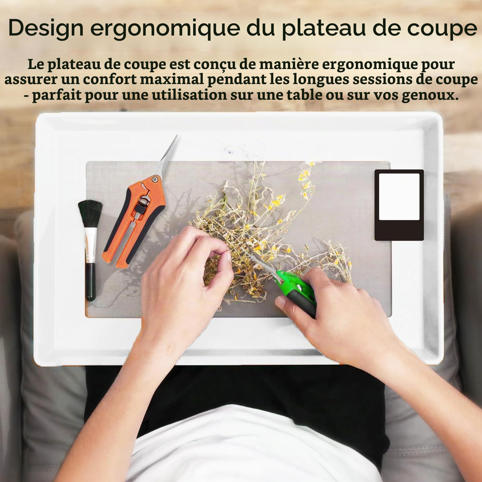 Plateau de Coupe, Bac de Finition avec Zone de Filtre de 15 * 10 Pouces Tamis à Pollen avec Deux Ciseaux Un Carte Grossissante et Un Brosse Accessoires de Culture avec Écran de 150 Microns Pour Herbes